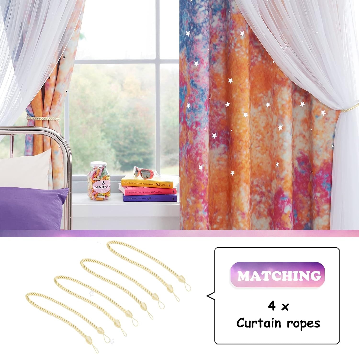 image:imageNICETOWN Kids Room Decor Curtains for Girls Nursery Star Cut Princess Room Design Curtains with Versatile Styling Options for Backdrops Pink amp Yellow amp Green amp Pink Each is W52 x L84 Sold by 2Yellow Pink
