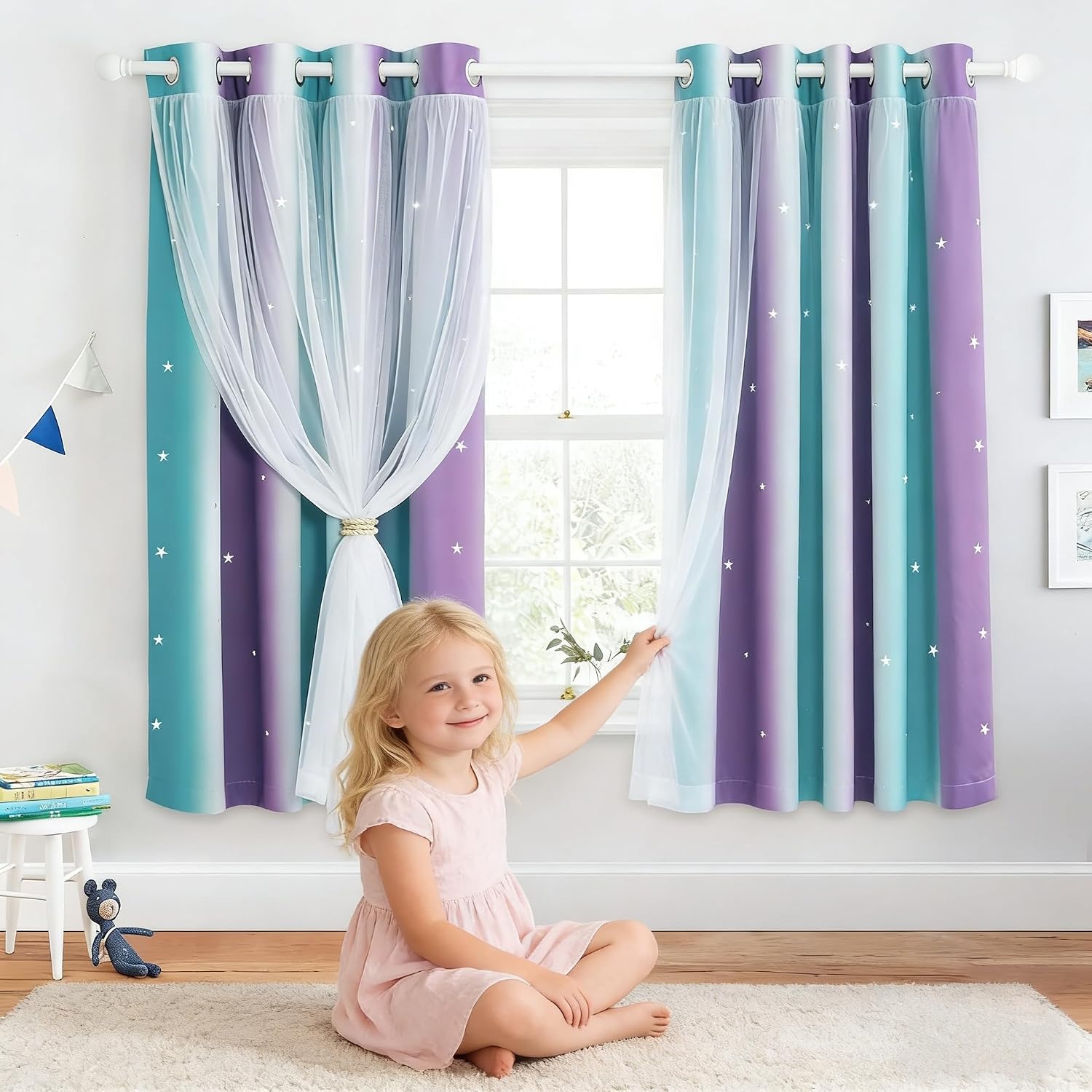 image:imageNICETOWN Kids Room Decor Curtains for Girls Nursery Star Cut Princess Room Design Curtains with Versatile Styling Options for Backdrops Pink amp Yellow amp Green amp Pink Each is W52 x L84 Sold by 2Teal Purple