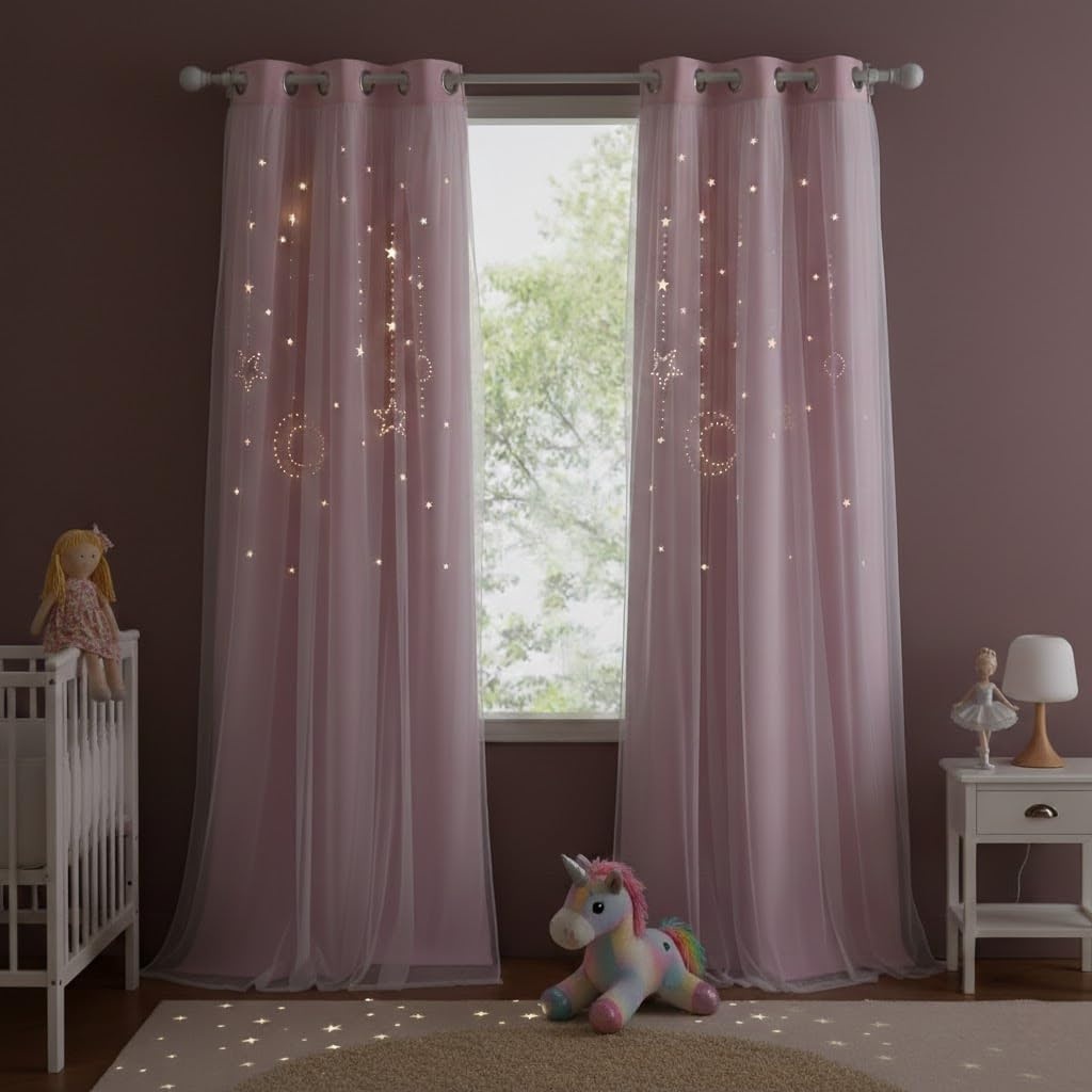 image:imageNICETOWN Kids Room Decor Curtains for Girls Nursery Star Cut Princess Room Design Curtains with Versatile Styling Options for Backdrops Pink amp Yellow amp Green amp Pink Each is W52 x L84 Sold by 2Moon Star Baby Pink