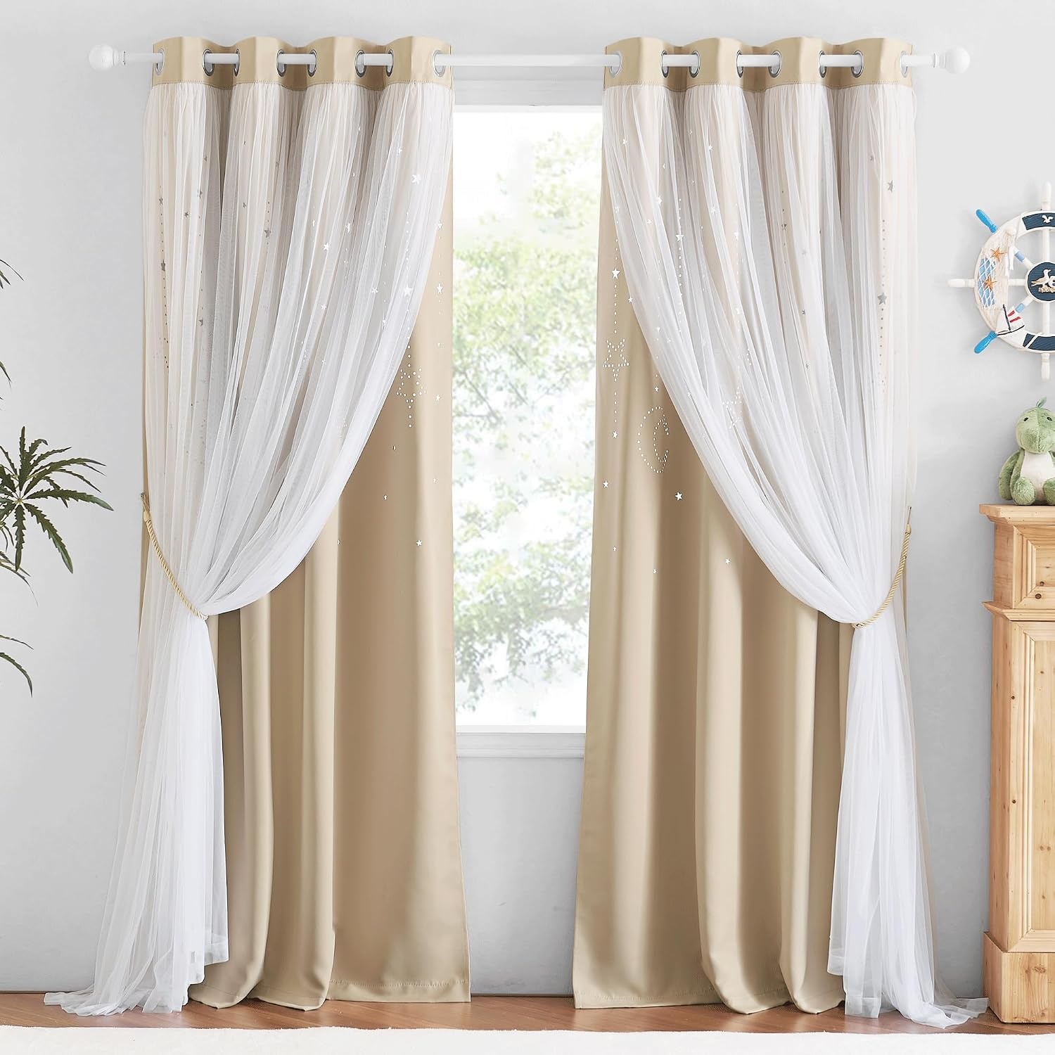 image:imageNICETOWN Kids Room Decor Curtains for Girls Nursery Star Cut Princess Room Design Curtains with Versatile Styling Options for Backdrops Pink amp Yellow amp Green amp Pink Each is W52 x L84 Sold by 2Moon Star Biscotti Beige