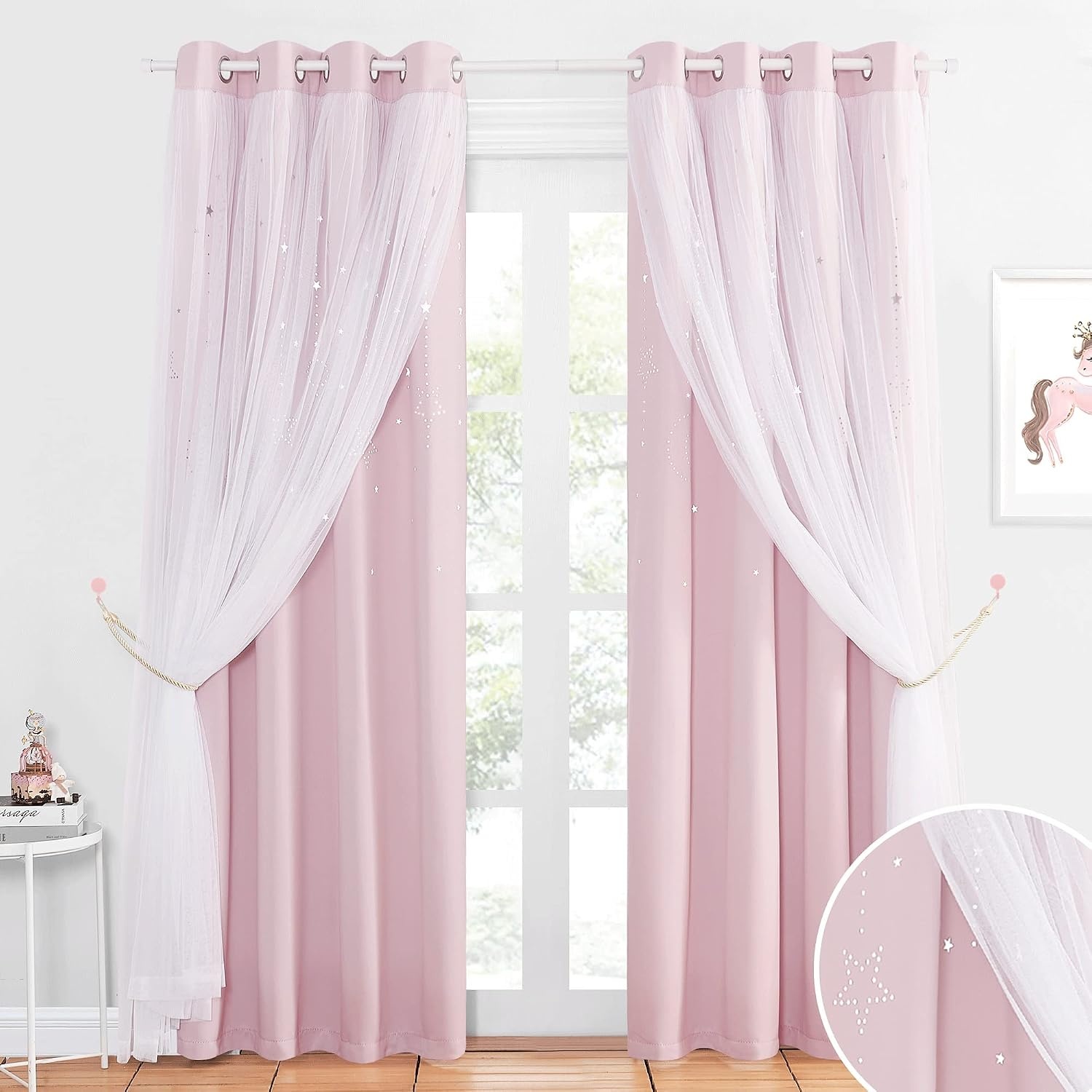 image:imageNICETOWN Kids Room Decor Curtains for Girls Nursery Star Cut Princess Room Design Curtains with Versatile Styling Options for Backdrops Pink amp Yellow amp Green amp Pink Each is W52 x L84 Sold by 2Moon Star Baby Pink