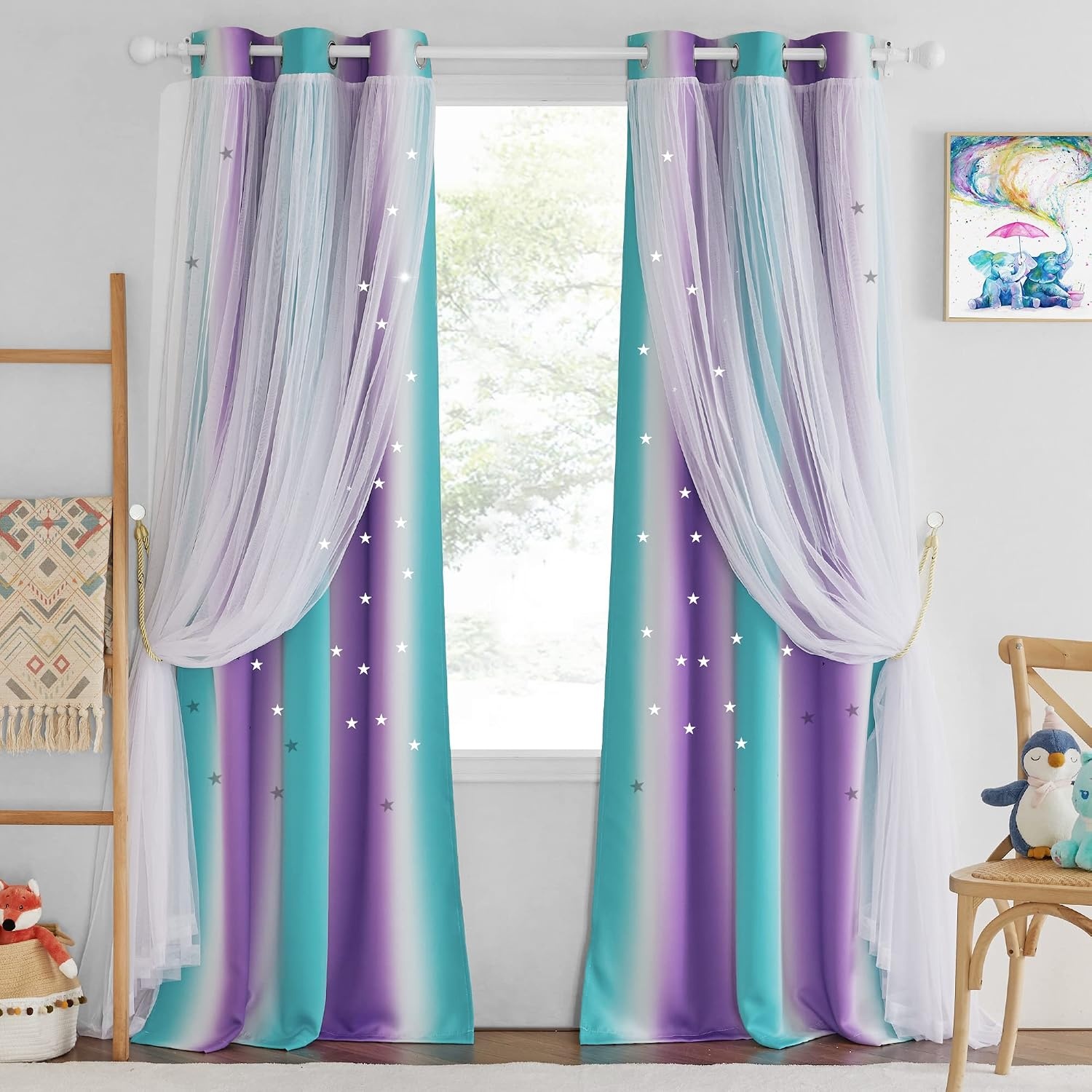 image:imageNICETOWN Kids Room Decor Curtains for Girls Nursery Star Cut Princess Room Design Curtains with Versatile Styling Options for Backdrops Pink amp Yellow amp Green amp Pink Each is W52 x L84 Sold by 2Teal Purple
