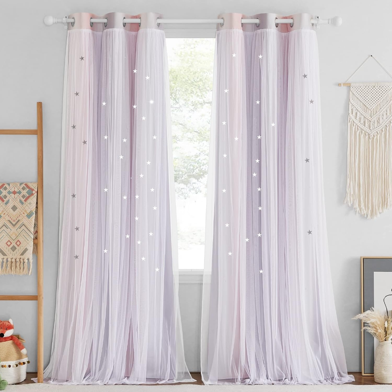 image:imageNICETOWN Kids Room Decor Curtains for Girls Nursery Star Cut Princess Room Design Curtains with Versatile Styling Options for Backdrops Pink amp Yellow amp Green amp Pink Each is W52 x L84 Sold by 2Pink Grey