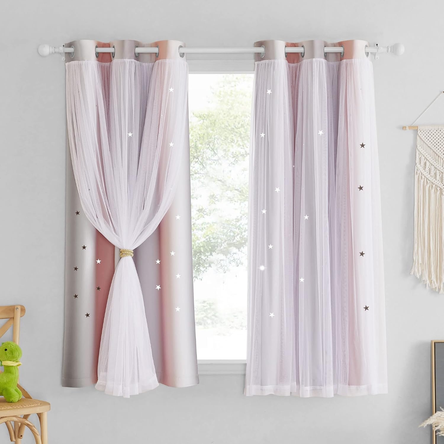 image:imageNICETOWN Kids Room Decor Curtains for Girls Nursery Star Cut Princess Room Design Curtains with Versatile Styling Options for Backdrops Pink amp Yellow amp Green amp Pink Each is W52 x L84 Sold by 2Pink Grey