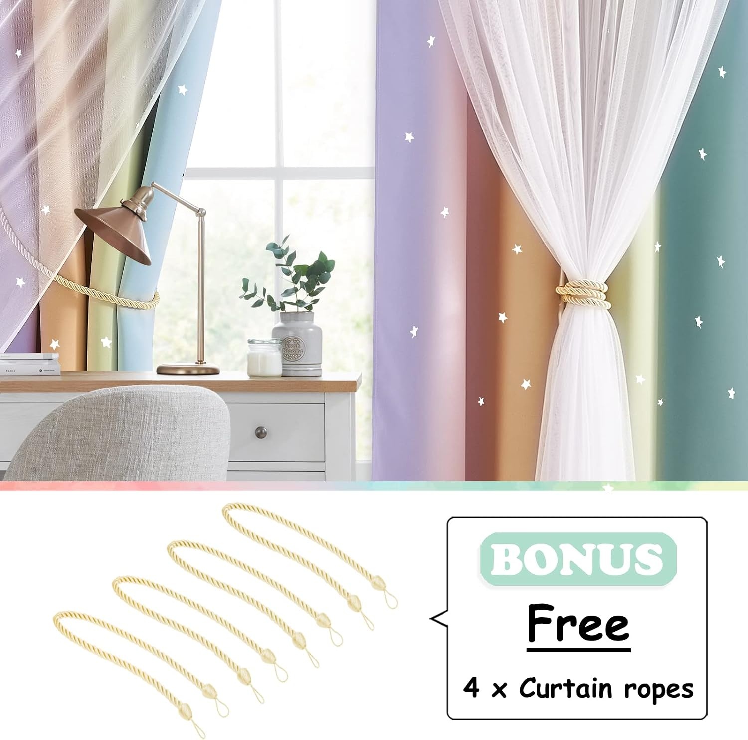 image:imageNICETOWN Kids Room Decor Curtains for Girls Nursery Star Cut Princess Room Design Curtains with Versatile Styling Options for Backdrops Pink amp Yellow amp Green amp Pink Each is W52 x L84 Sold by 2Rainbow3