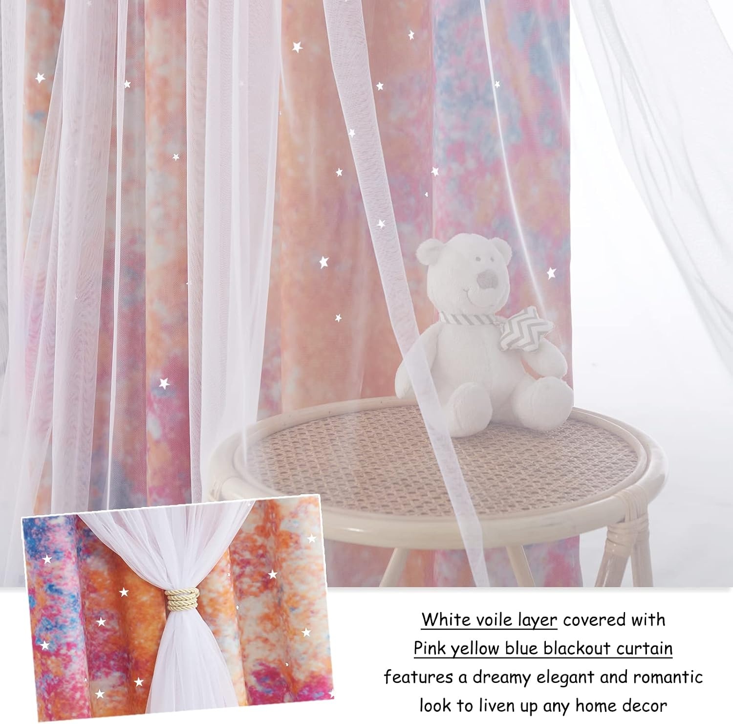 image:imageNICETOWN Kids Room Decor Curtains for Girls Nursery Star Cut Princess Room Design Curtains with Versatile Styling Options for Backdrops Pink amp Yellow amp Green amp Pink Each is W52 x L84 Sold by 2Yellow Pink