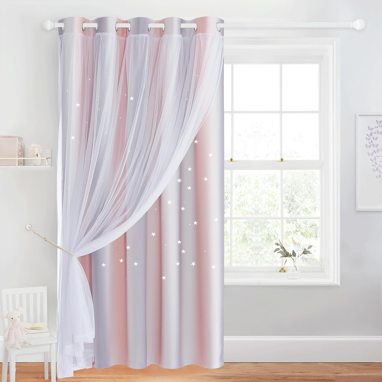 image:imageNICETOWN Kids Room Decor Curtains for Girls Nursery Star Cut Princess Room Design Curtains with Versatile Styling Options for Backdrops Pink amp Yellow amp Green amp Pink Each is W52 x L84 Sold by 2Pink Grey