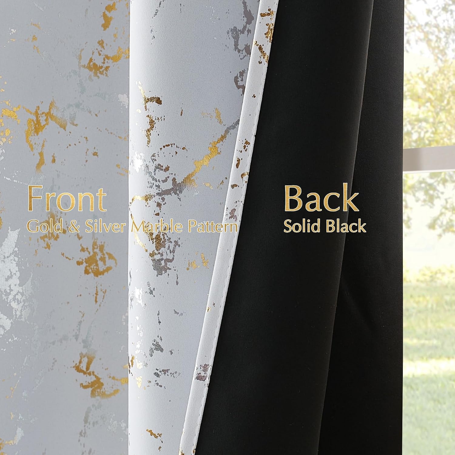 image:imageNICETOWN Silver and Gold Patterned 100 Blackout Curtains for Living Room Bedroom Marble Print Grommet Modern Room Darkening W52xL63 with Sheer Curtains for Windows W54xL63 Grommet Curtain Panels