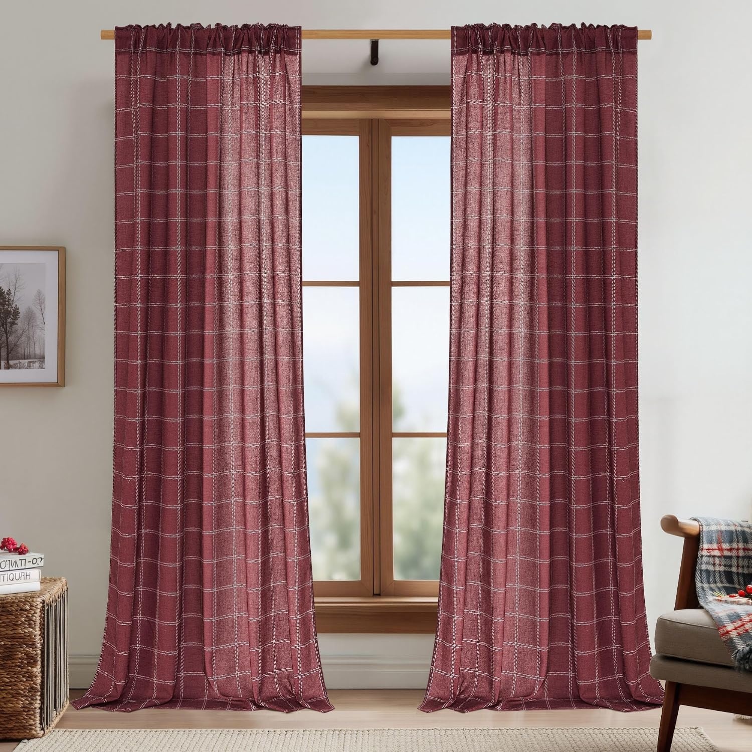 image:imageNICETOWN Taupe Plaid Print Linen Gingham Curtains 96 inches LongDiagonal Check Burgundy Red