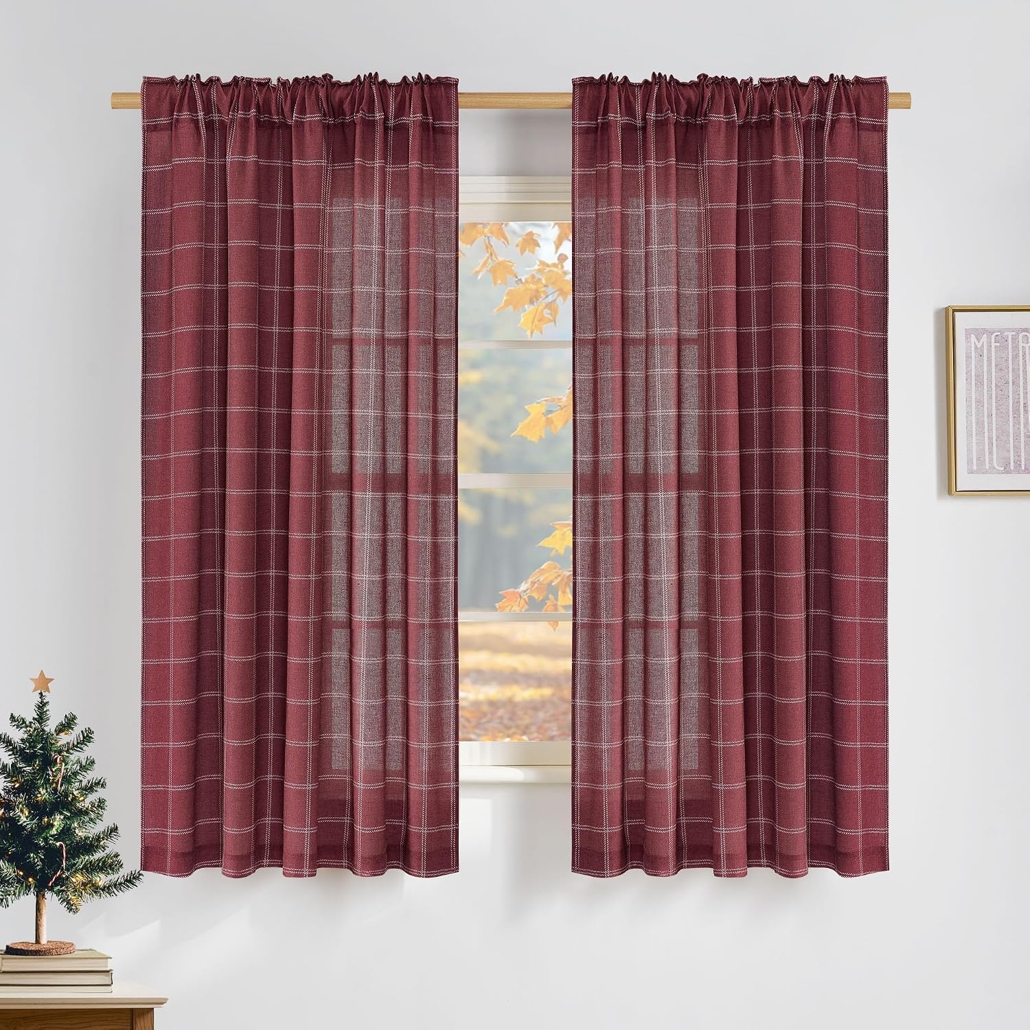 image:imageNICETOWN Taupe Plaid Print Linen Gingham Curtains 96 inches LongDiagonal Check Burgundy Red