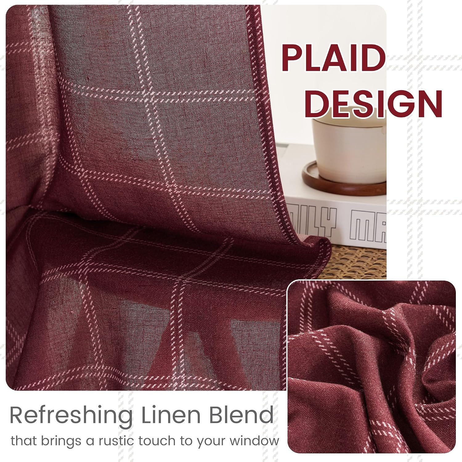 image:imageNICETOWN Taupe Plaid Print Linen Gingham Curtains 96 inches LongDiagonal Check Burgundy Red