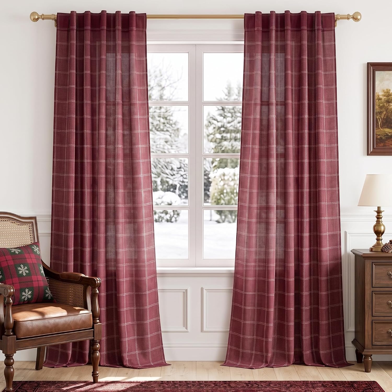 image:imageNICETOWN Taupe Plaid Print Linen Gingham Curtains 96 inches LongDiagonal Check Burgundy Red