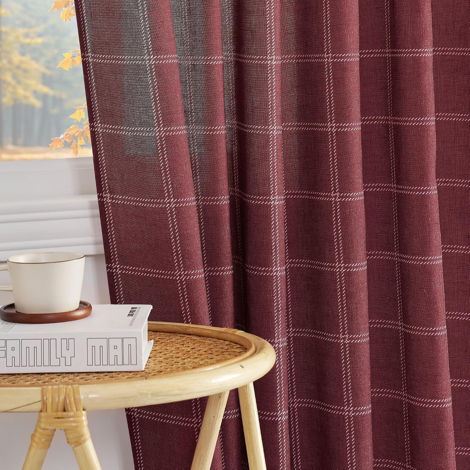 image:imageNICETOWN Taupe Plaid Print Linen Gingham Curtains 96 inches LongDiagonal Check Burgundy Red