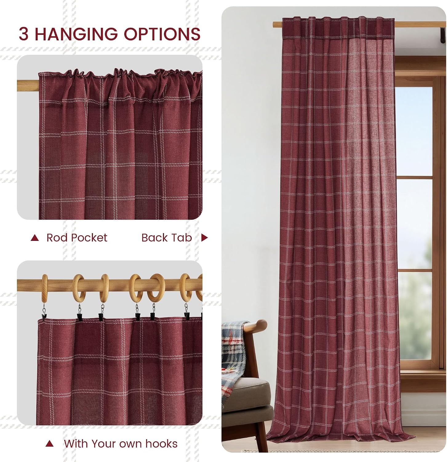 image:imageNICETOWN Taupe Plaid Print Linen Gingham Curtains 96 inches LongDiagonal Check Burgundy Red