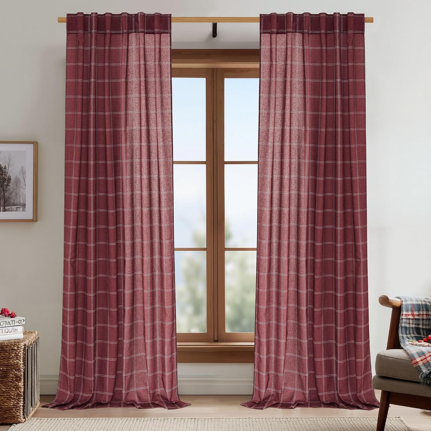 image:imageNICETOWN Taupe Plaid Print Linen Gingham Curtains 96 inches LongDiagonal Check Burgundy Red