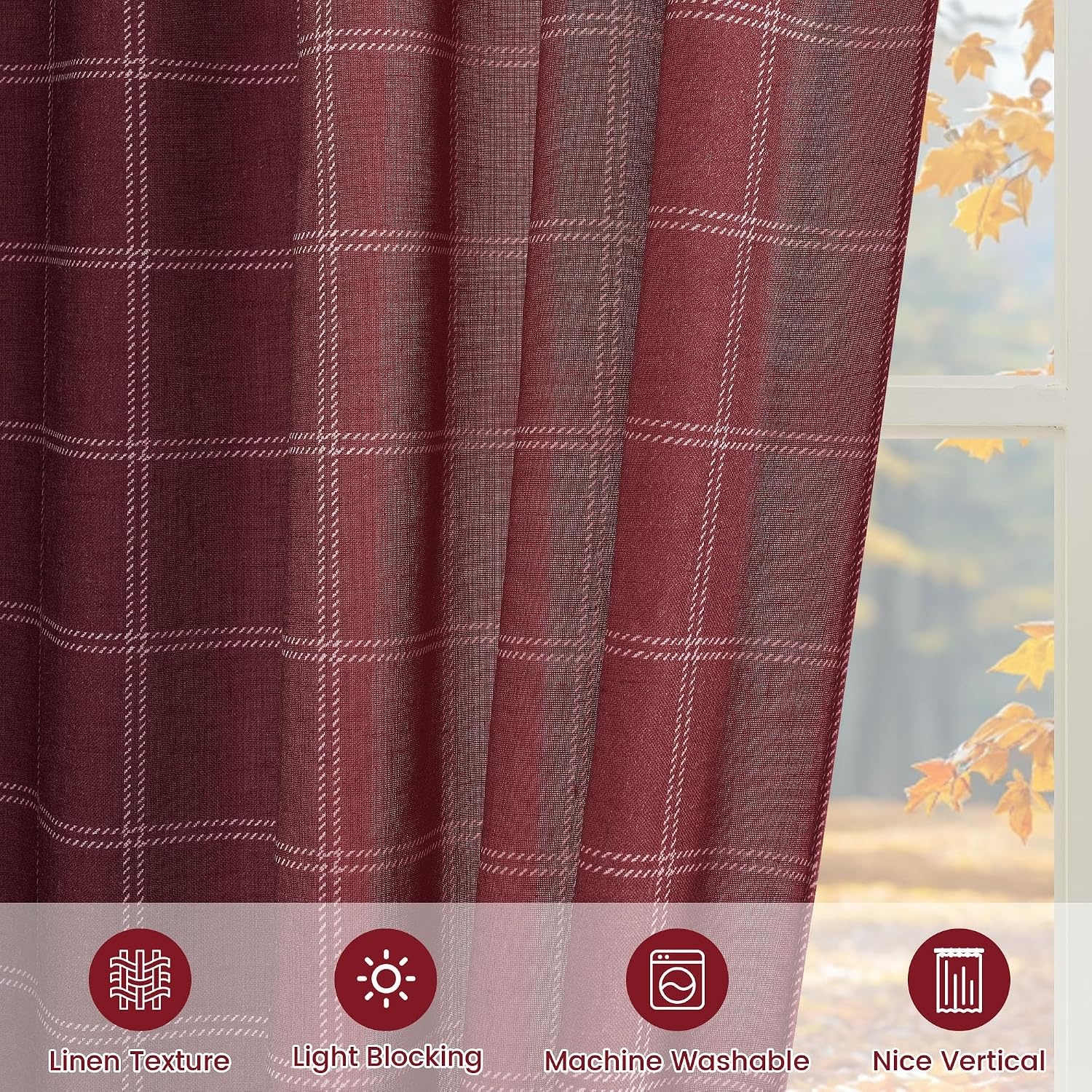 image:imageNICETOWN Taupe Plaid Print Linen Gingham Curtains 96 inches LongDiagonal Check Burgundy Red