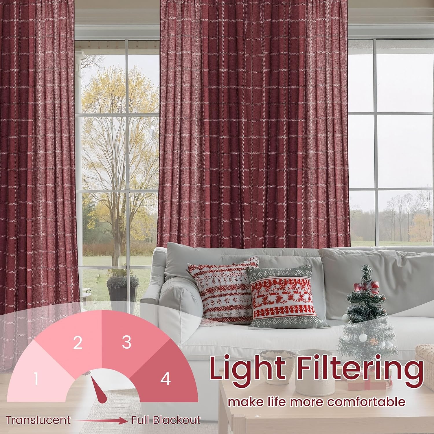 image:imageNICETOWN Taupe Plaid Print Linen Gingham Curtains 96 inches LongDiagonal Check Burgundy Red