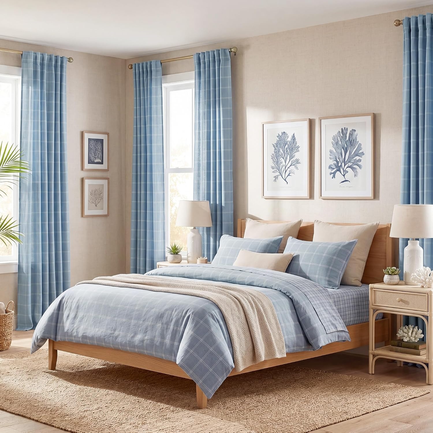 image:imageNICETOWN Taupe Plaid Print Linen Gingham Curtains 96 inches LongDiagonal Check Dusty Blue