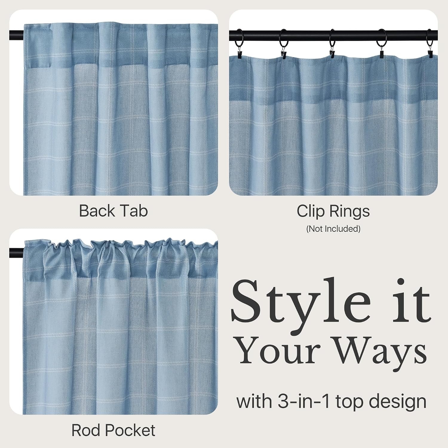 image:imageNICETOWN Taupe Plaid Print Linen Gingham Curtains 96 inches LongDiagonal Check Dusty Blue