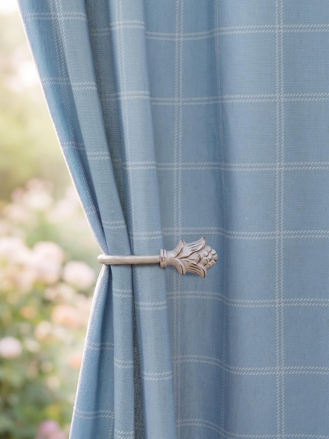 image:imageNICETOWN Taupe Plaid Print Linen Gingham Curtains 96 inches LongDiagonal Check Dusty Blue