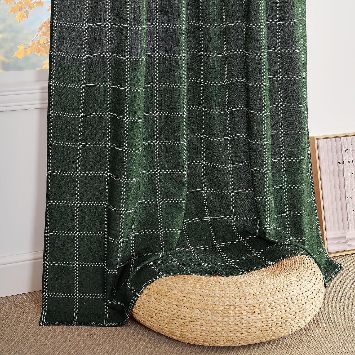 image:imageNICETOWN Taupe Plaid Print Linen Gingham Curtains 96 inches LongDiagonal Check Hunter Green