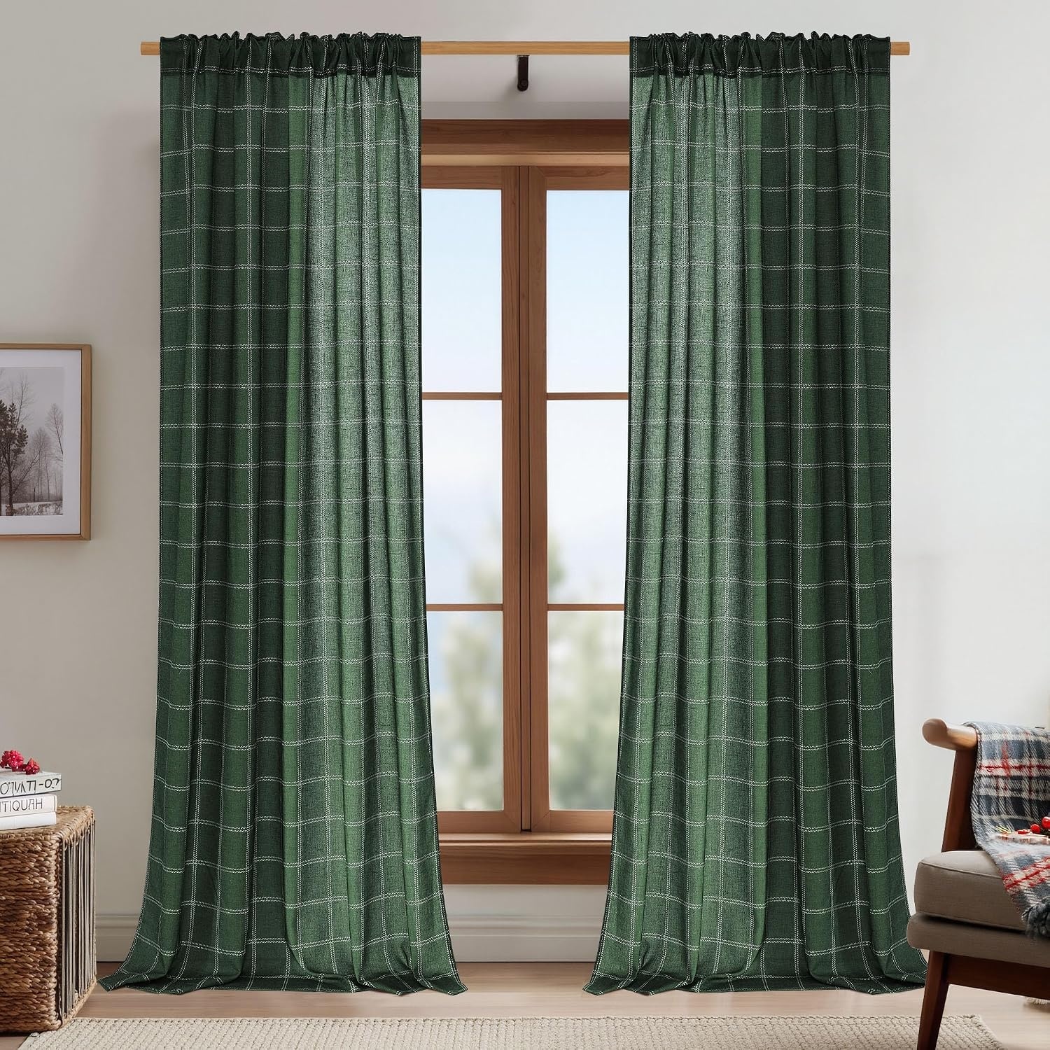 image:imageNICETOWN Taupe Plaid Print Linen Gingham Curtains 96 inches LongDiagonal Check Hunter Green