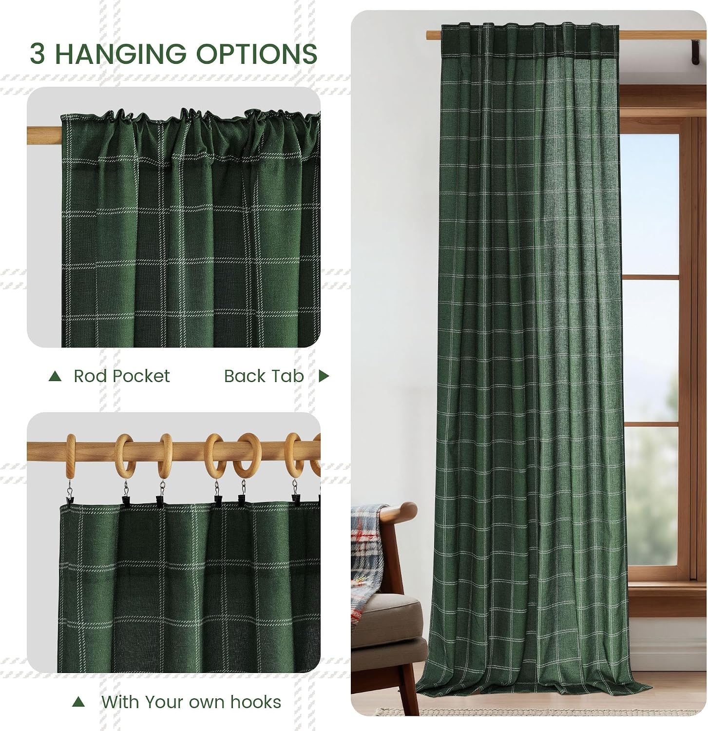 image:imageNICETOWN Taupe Plaid Print Linen Gingham Curtains 96 inches LongDiagonal Check Hunter Green