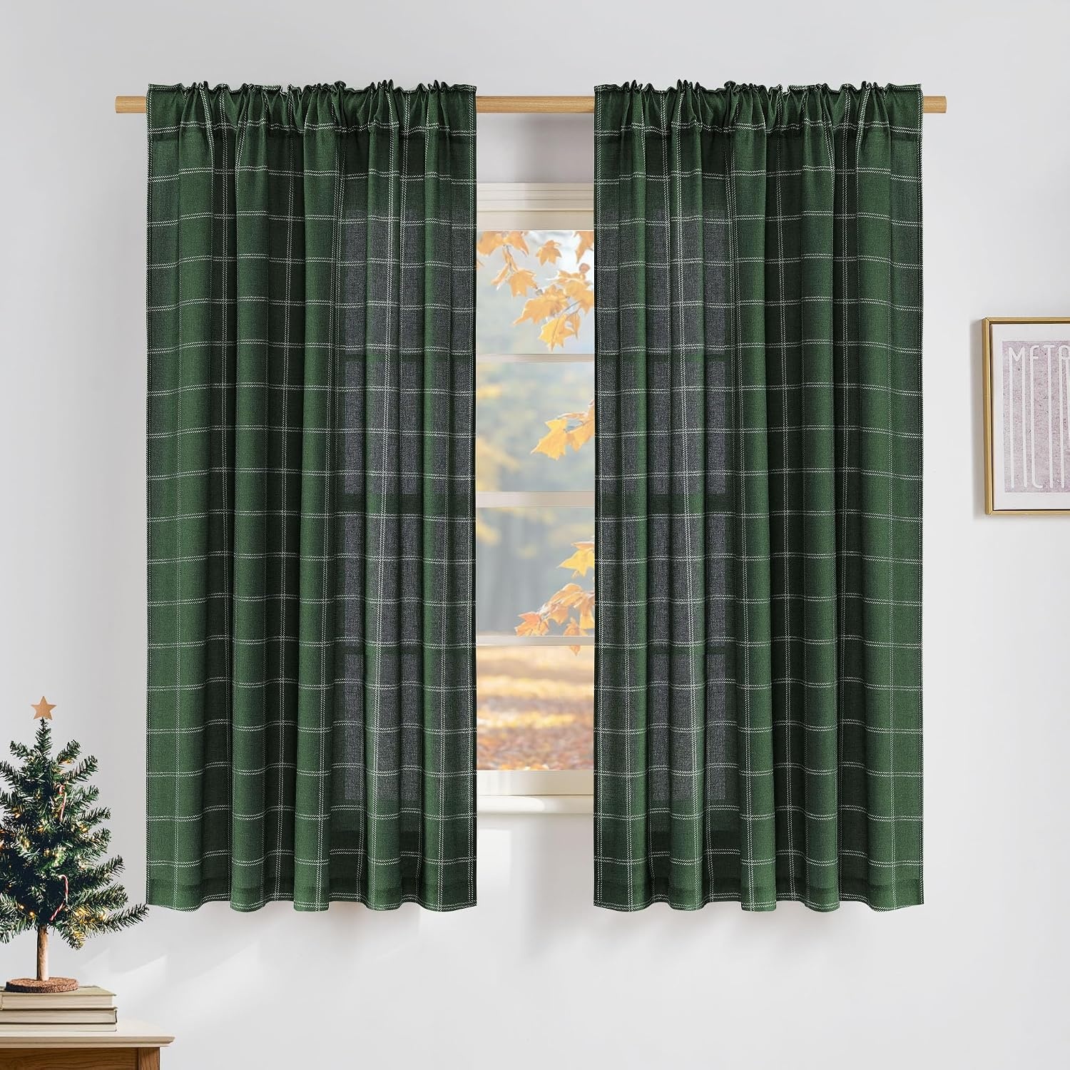 image:imageNICETOWN Taupe Plaid Print Linen Gingham Curtains 96 inches LongDiagonal Check Hunter Green