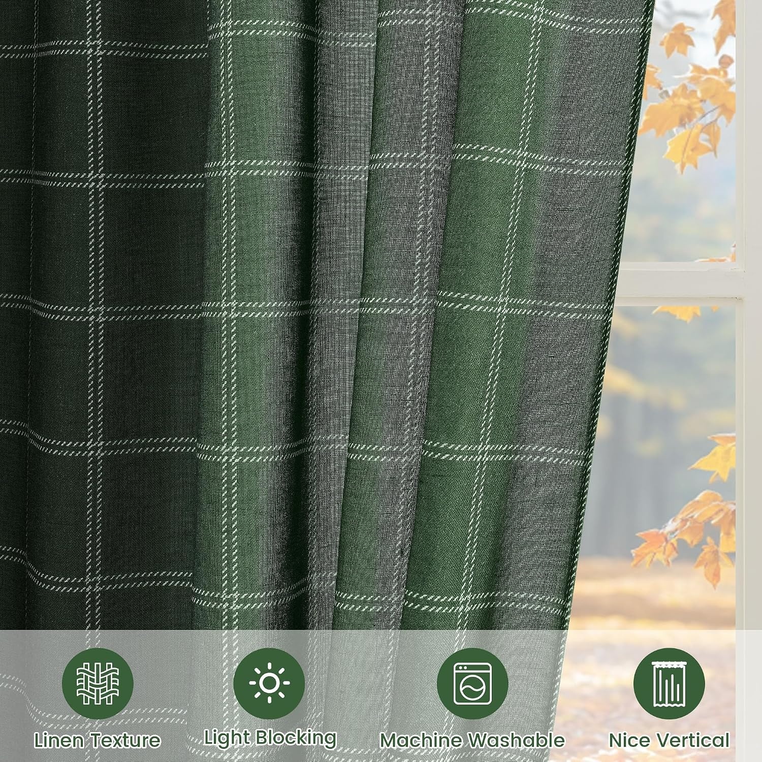 image:imageNICETOWN Taupe Plaid Print Linen Gingham Curtains 96 inches LongDiagonal Check Hunter Green