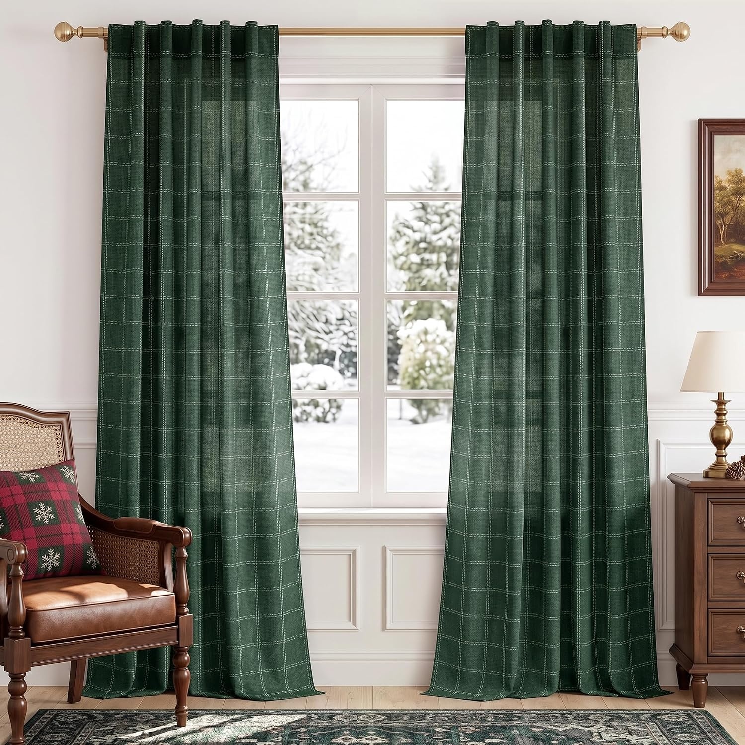 image:imageNICETOWN Taupe Plaid Print Linen Gingham Curtains 96 inches LongDiagonal Check Hunter Green