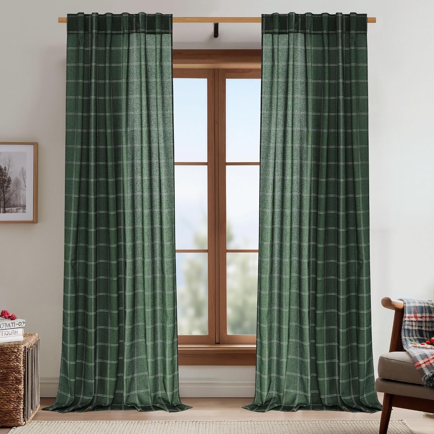image:imageNICETOWN Taupe Plaid Print Linen Gingham Curtains 96 inches LongDiagonal Check Hunter Green