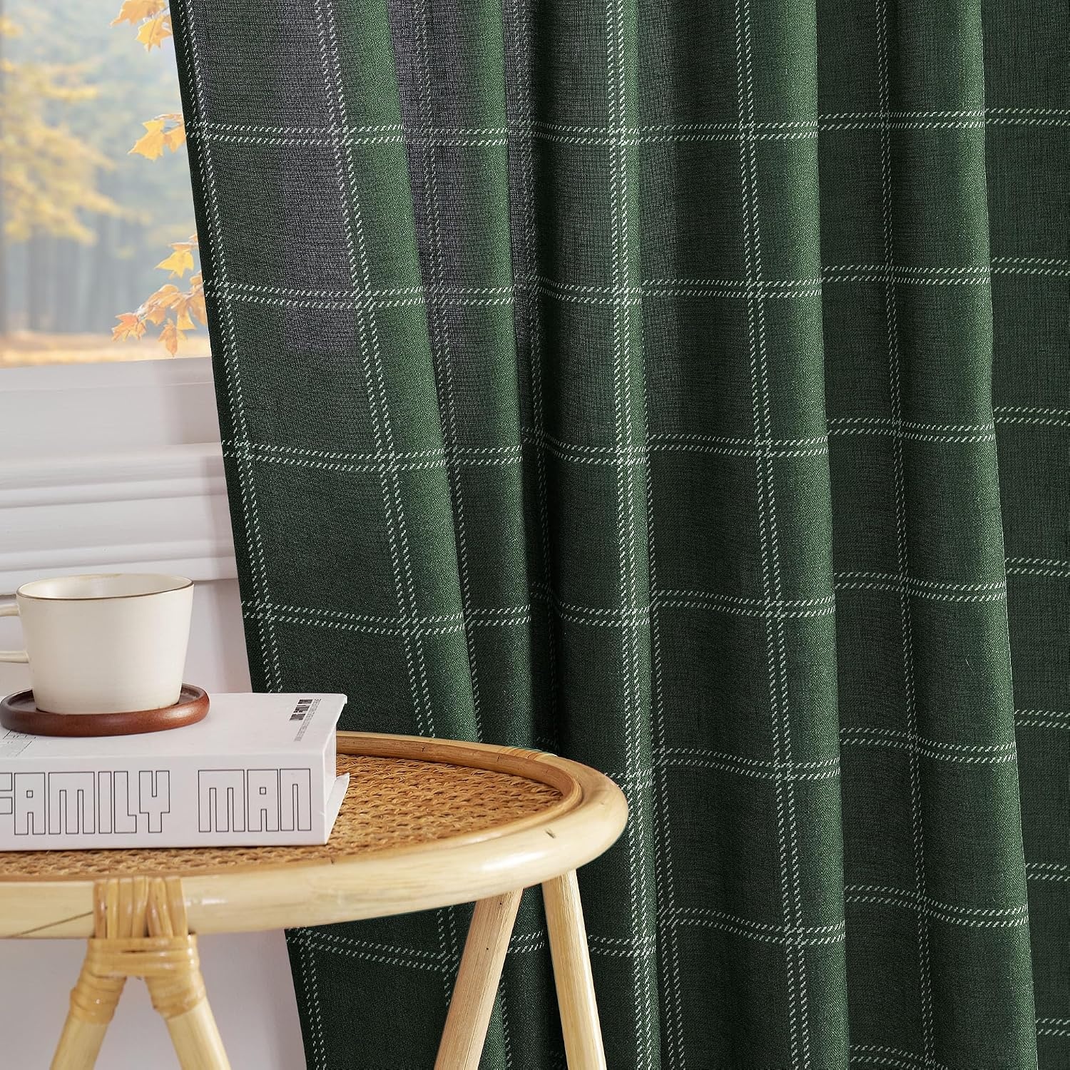 image:imageNICETOWN Taupe Plaid Print Linen Gingham Curtains 96 inches LongDiagonal Check Hunter Green