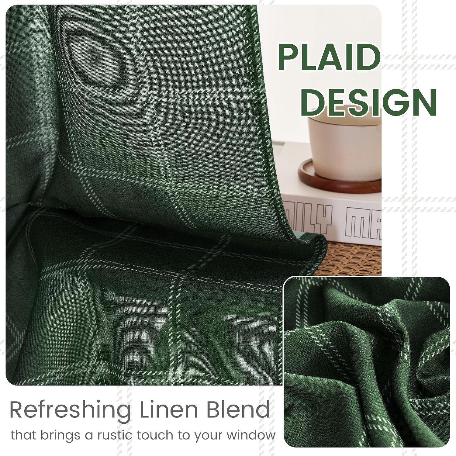 image:imageNICETOWN Taupe Plaid Print Linen Gingham Curtains 96 inches LongDiagonal Check Hunter Green