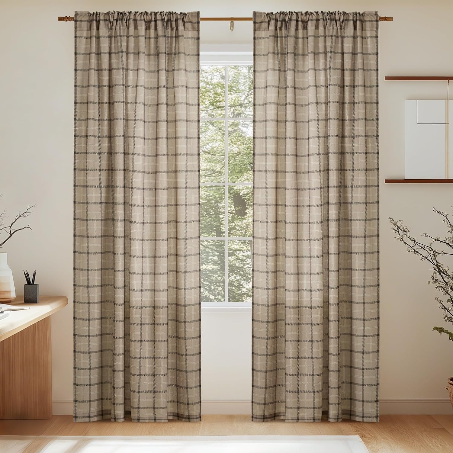 image:imageNICETOWN Taupe Plaid Print Linen Gingham Curtains 96 inches LongDiagonal Check Light Greige