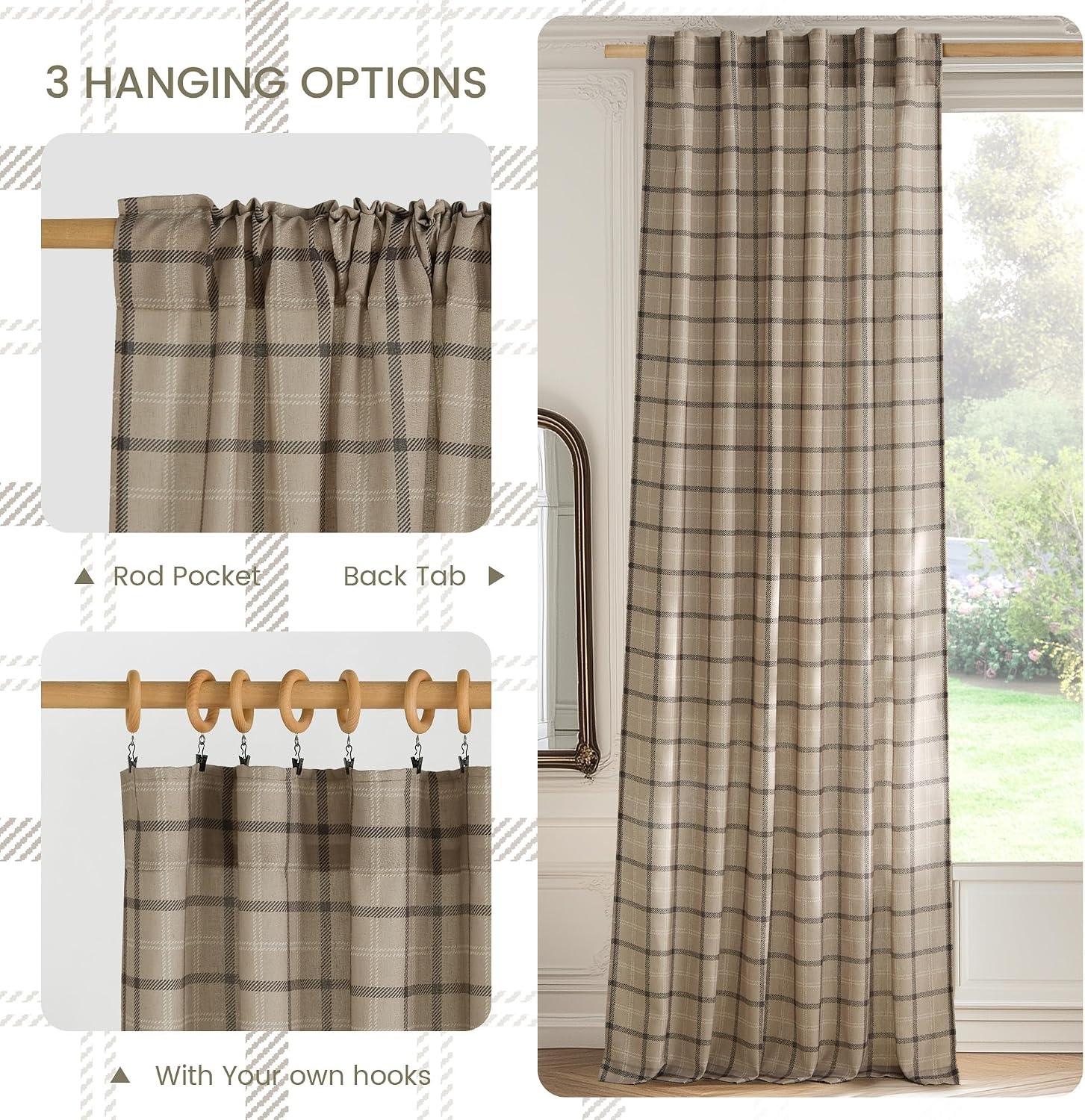 image:imageNICETOWN Taupe Plaid Print Linen Gingham Curtains 96 inches LongDiagonal Check Light Greige