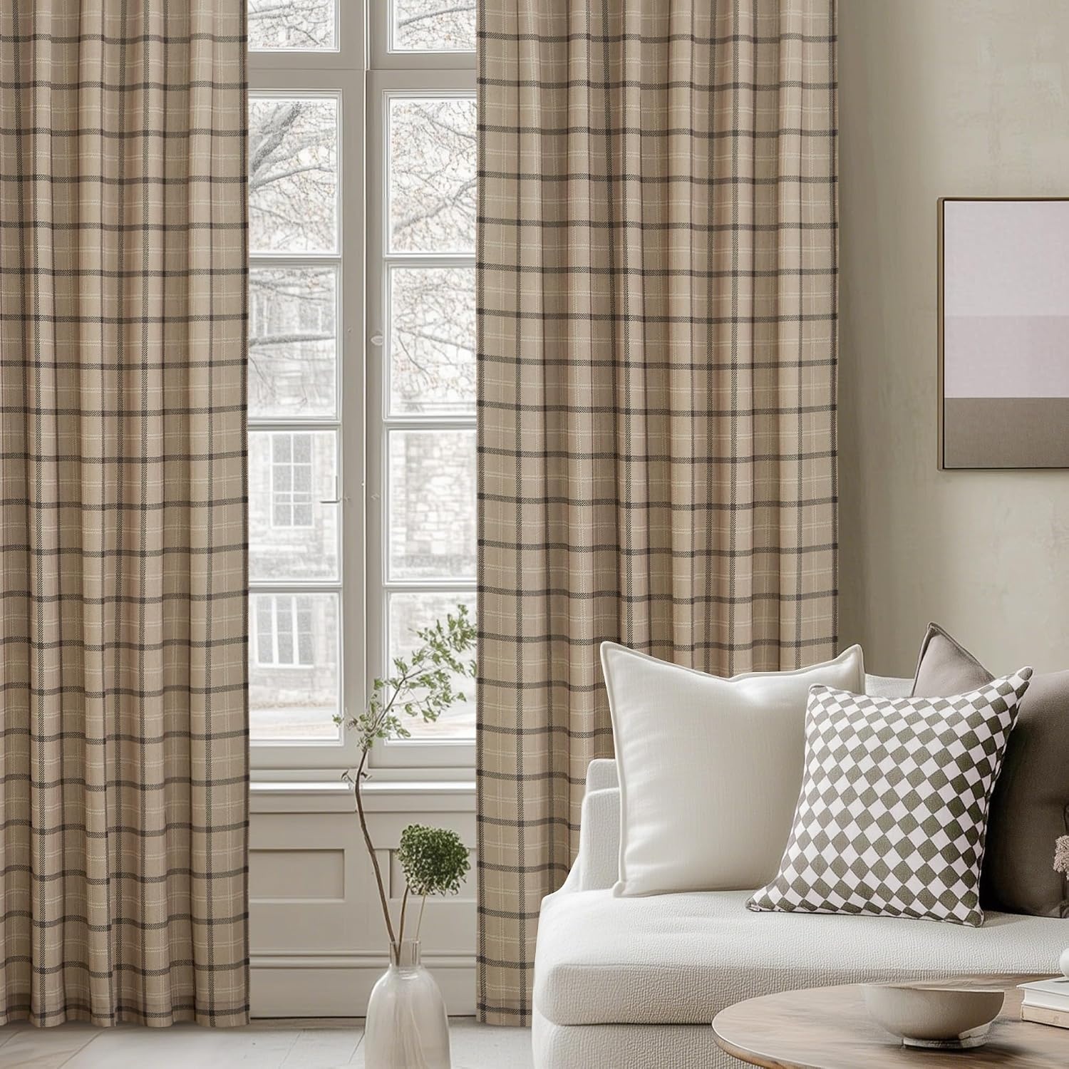 image:imageNICETOWN Taupe Plaid Print Linen Gingham Curtains 96 inches LongDiagonal Check Light Greige