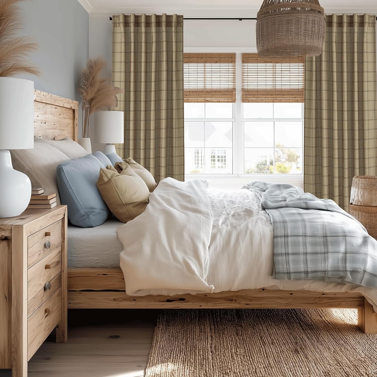 image:imageNICETOWN Taupe Plaid Print Linen Gingham Curtains 96 inches LongDiagonal Check Linen