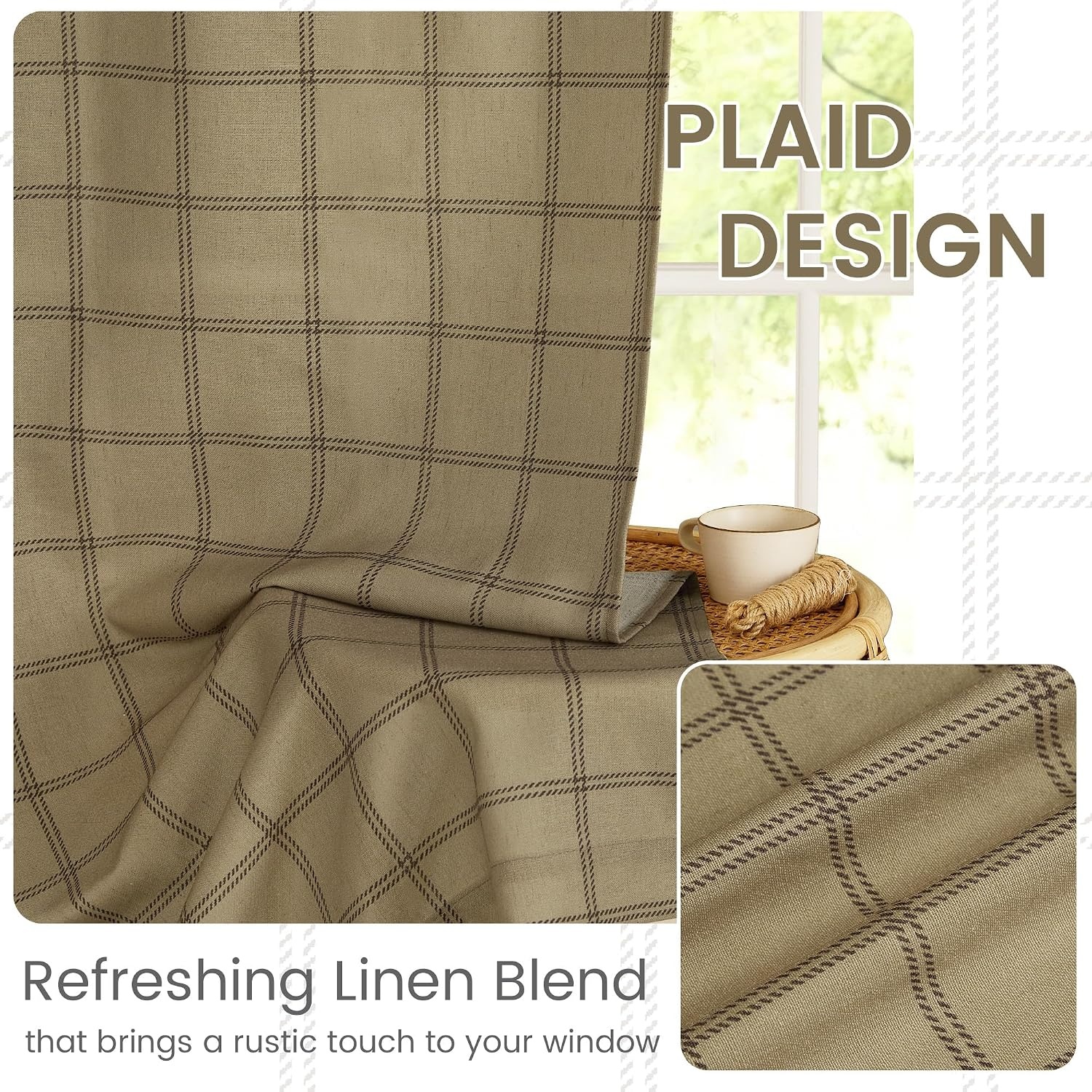 image:imageNICETOWN Taupe Plaid Print Linen Gingham Curtains 96 inches LongDiagonal Check Linen