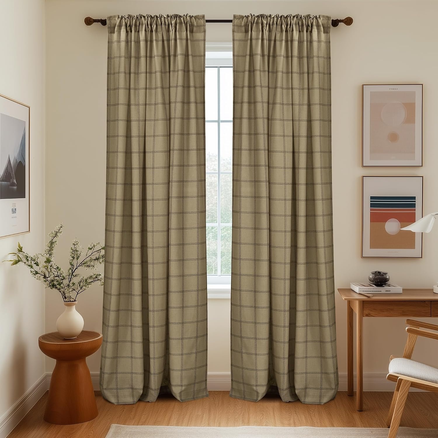 image:imageNICETOWN Taupe Plaid Print Linen Gingham Curtains 96 inches LongDiagonal Check Linen