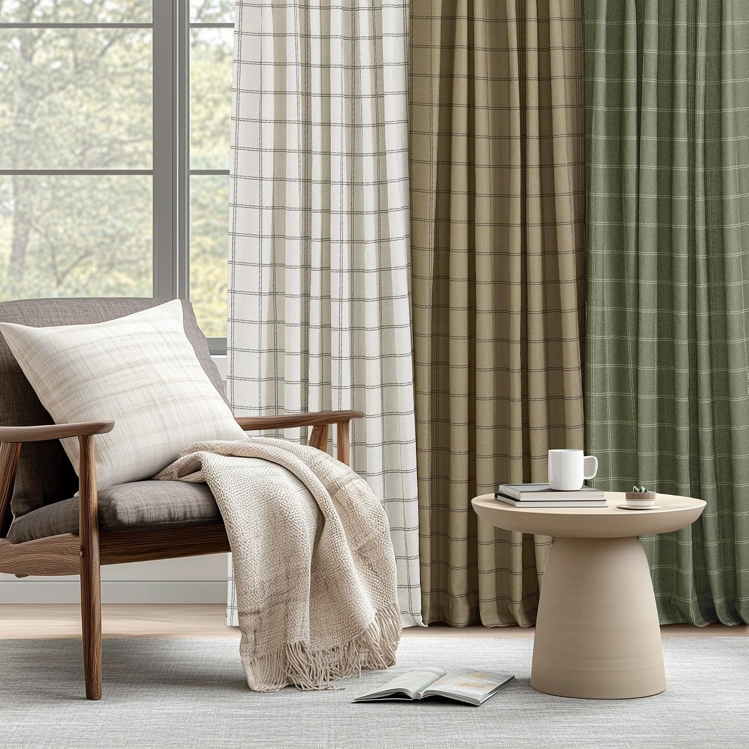 image:imageNICETOWN Taupe Plaid Print Linen Gingham Curtains 96 inches LongDiagonal Check Linen