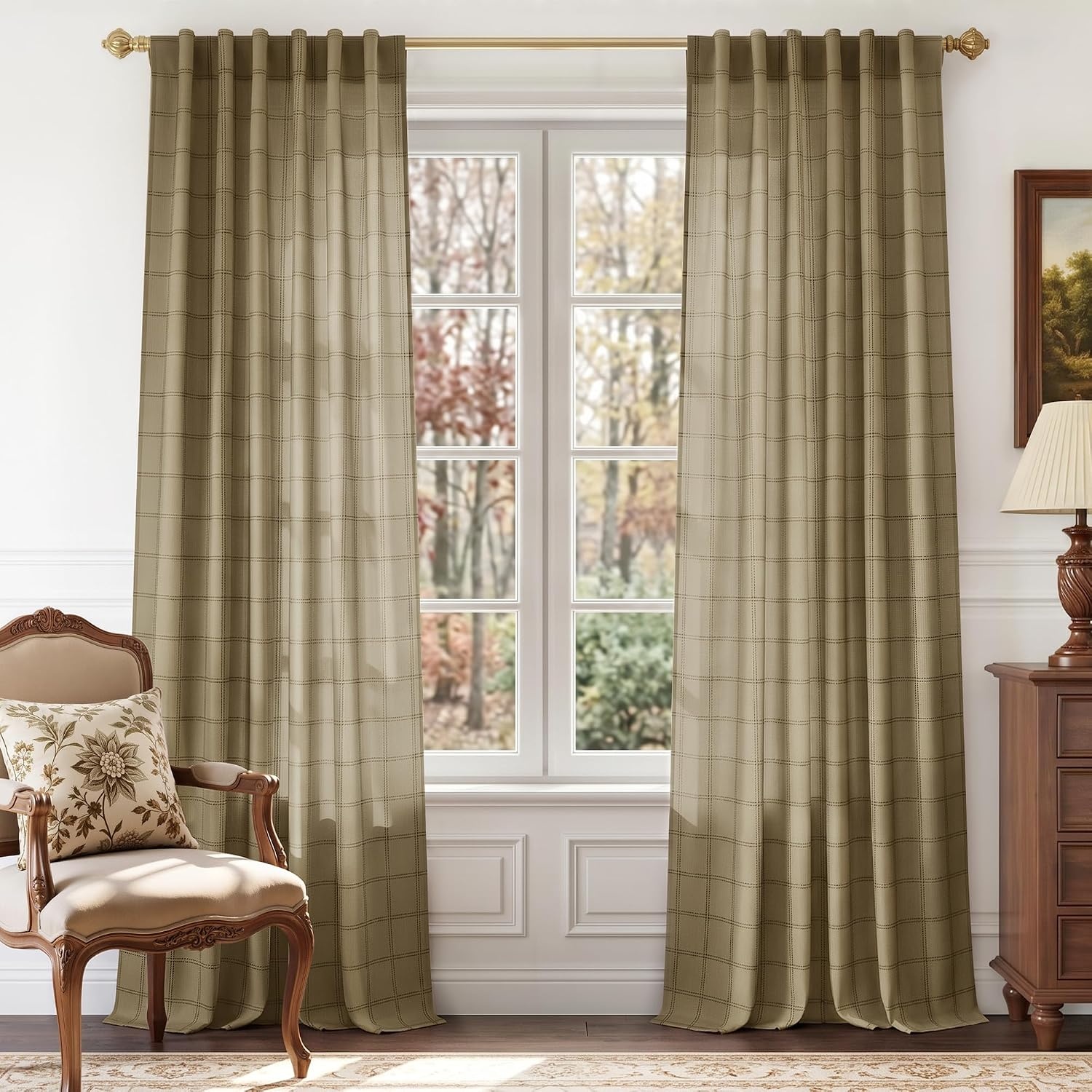 image:imageNICETOWN Taupe Plaid Print Linen Gingham Curtains 96 inches LongDiagonal Check Linen