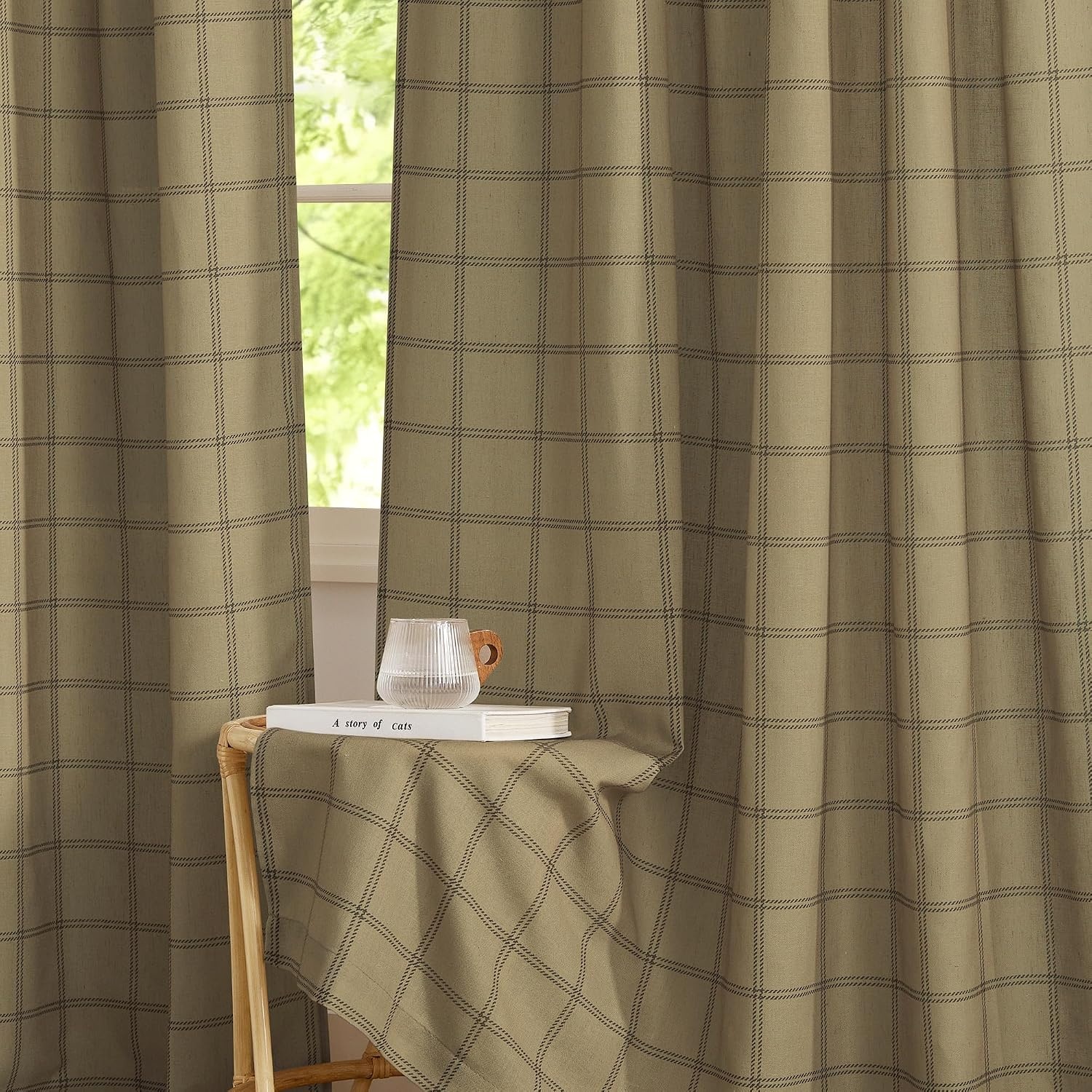 image:imageNICETOWN Taupe Plaid Print Linen Gingham Curtains 96 inches LongDiagonal Check Linen