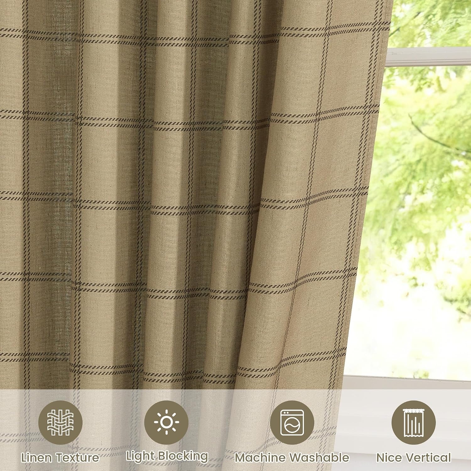 image:imageNICETOWN Taupe Plaid Print Linen Gingham Curtains 96 inches LongDiagonal Check Linen