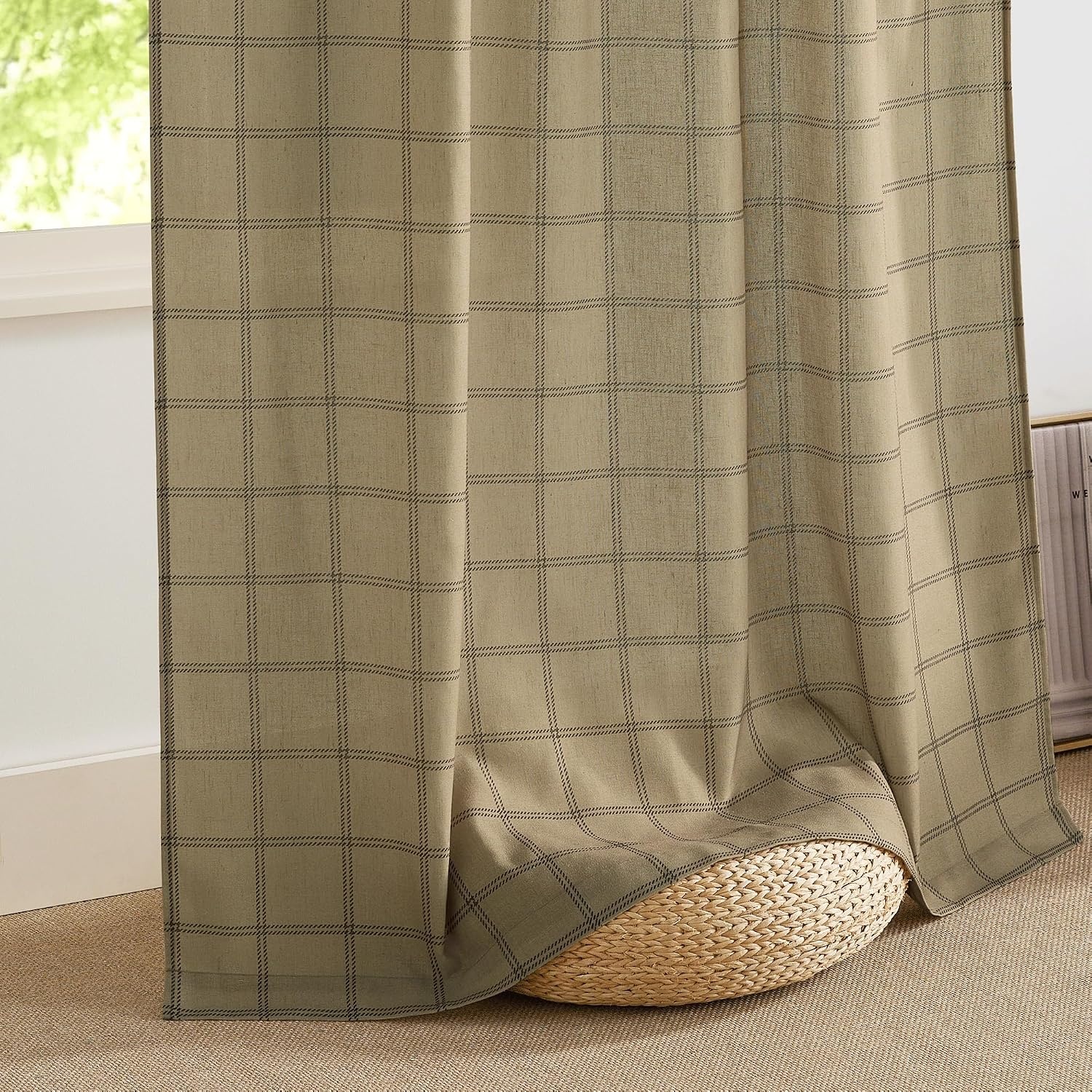 image:imageNICETOWN Taupe Plaid Print Linen Gingham Curtains 96 inches LongDiagonal Check Linen