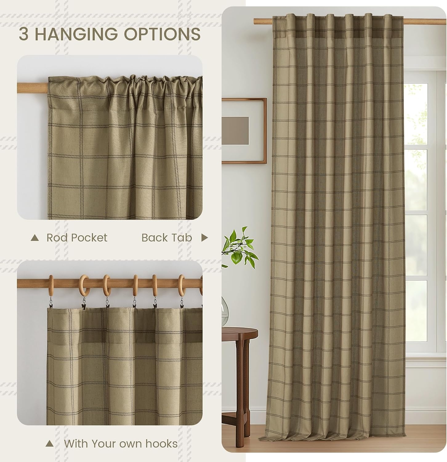 image:imageNICETOWN Taupe Plaid Print Linen Gingham Curtains 96 inches LongDiagonal Check Linen