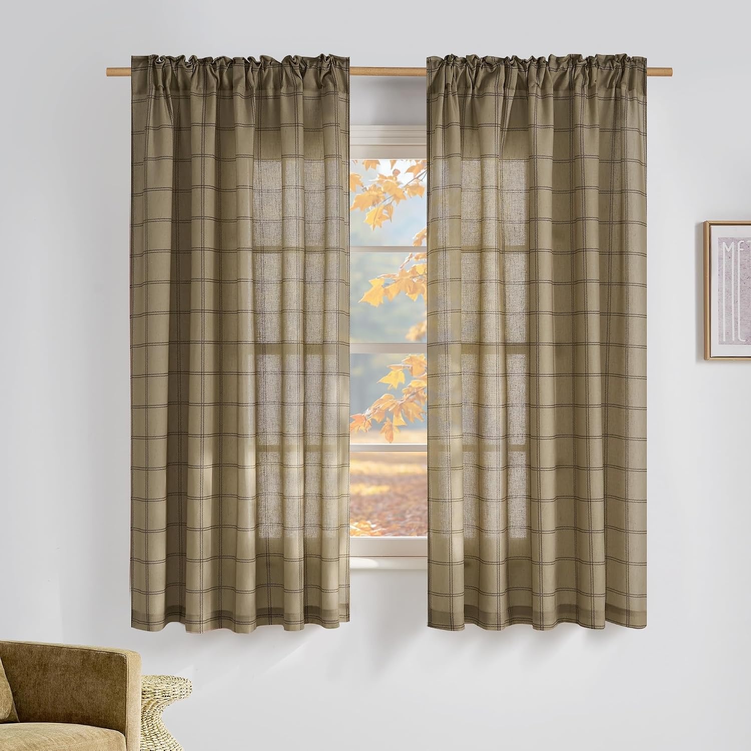 image:imageNICETOWN Taupe Plaid Print Linen Gingham Curtains 96 inches LongDiagonal Check Linen