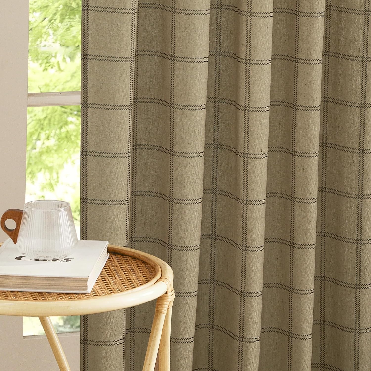 image:imageNICETOWN Taupe Plaid Print Linen Gingham Curtains 96 inches LongDiagonal Check Linen