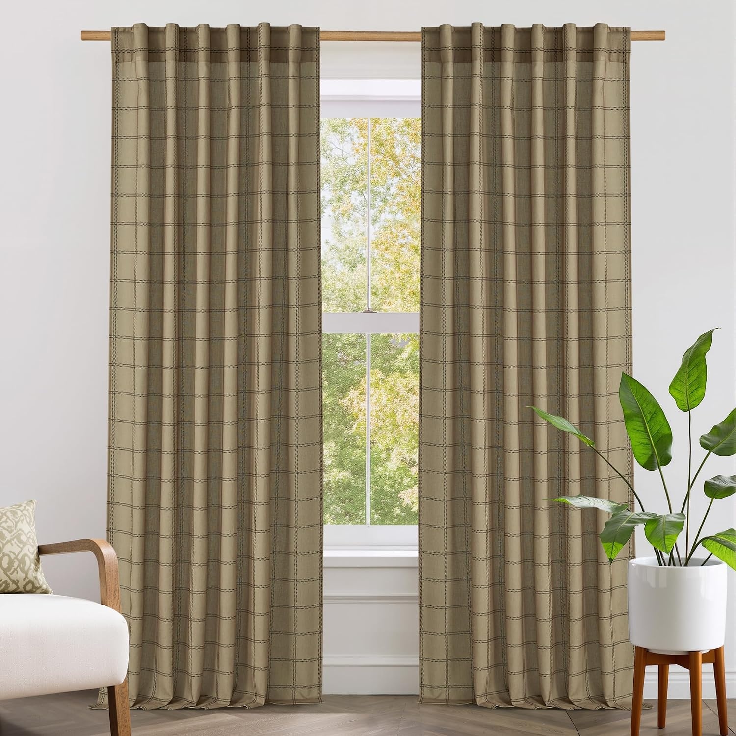 image:imageNICETOWN Taupe Plaid Print Linen Gingham Curtains 96 inches LongDiagonal Check Linen
