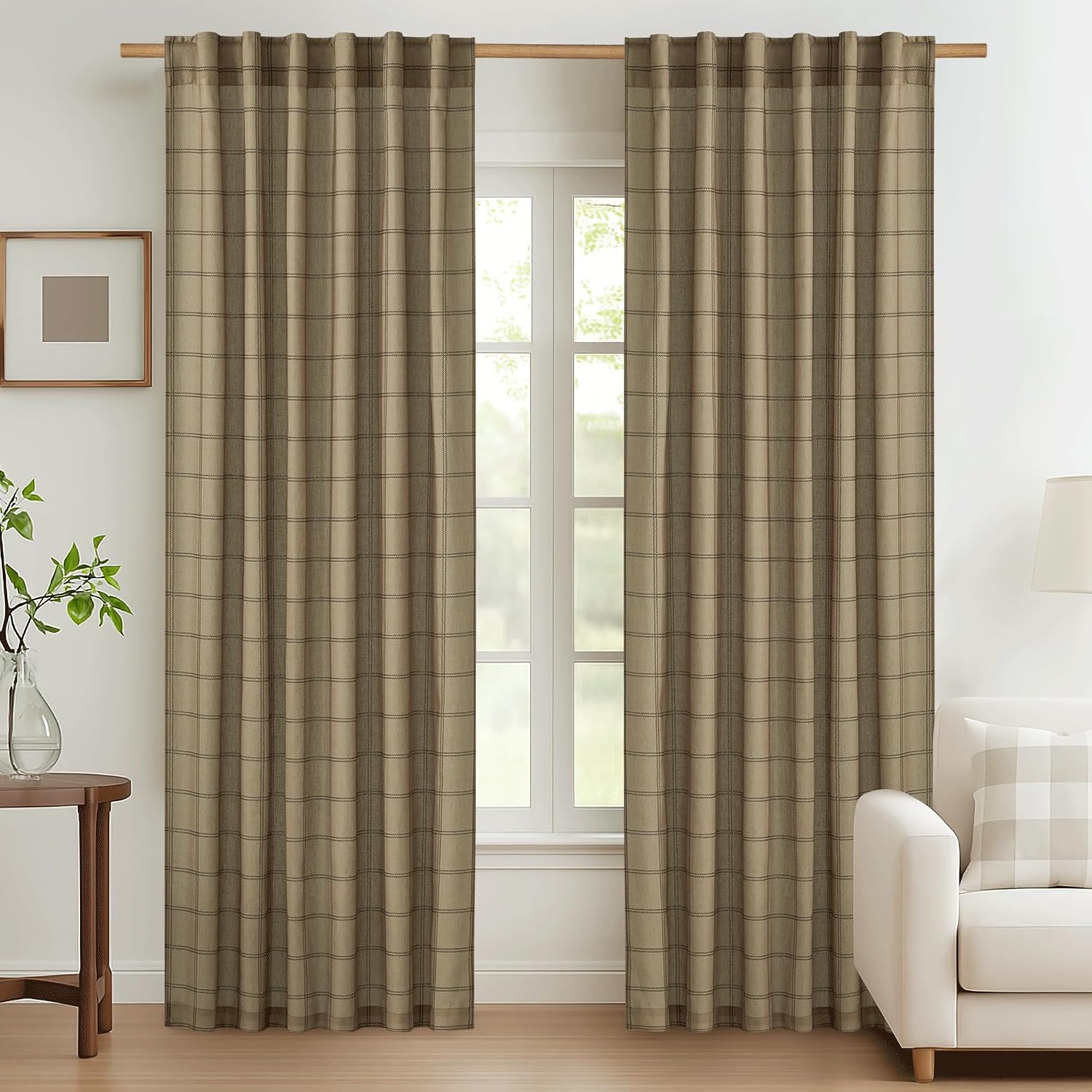 image:imageNICETOWN Taupe Plaid Print Linen Gingham Curtains 96 inches LongDiagonal Check Linen