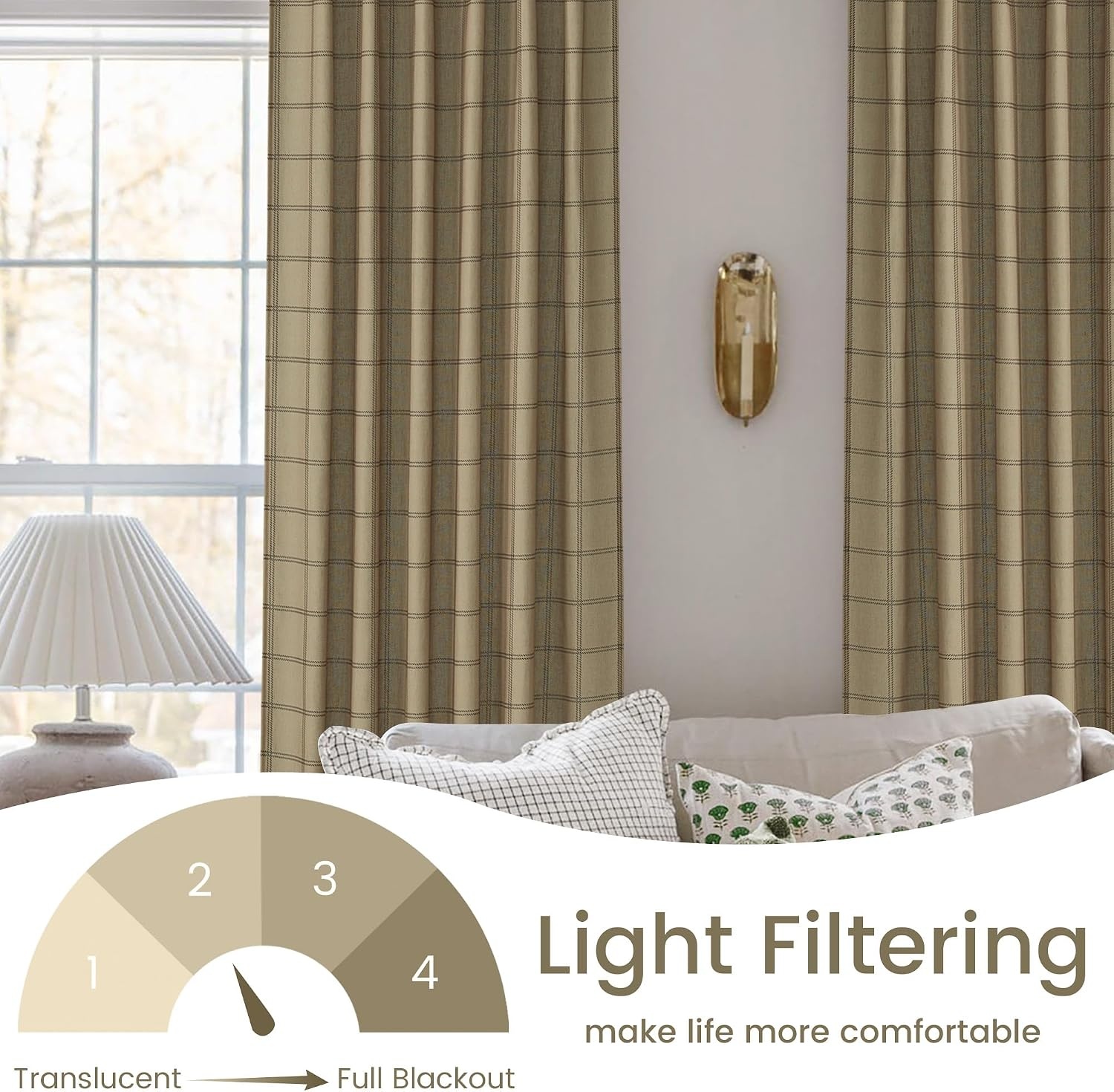 image:imageNICETOWN Taupe Plaid Print Linen Gingham Curtains 96 inches LongDiagonal Check Linen